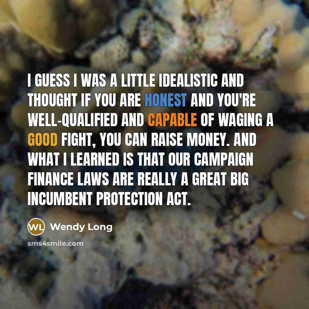 “I guess I was a little idealistic and thought if you are honest and you're well-qualified and capable of waging a good fight, you can raise money. And what I learned is that our campaign finance laws are really a great big incumbent protection act.” quote by Wendy Long