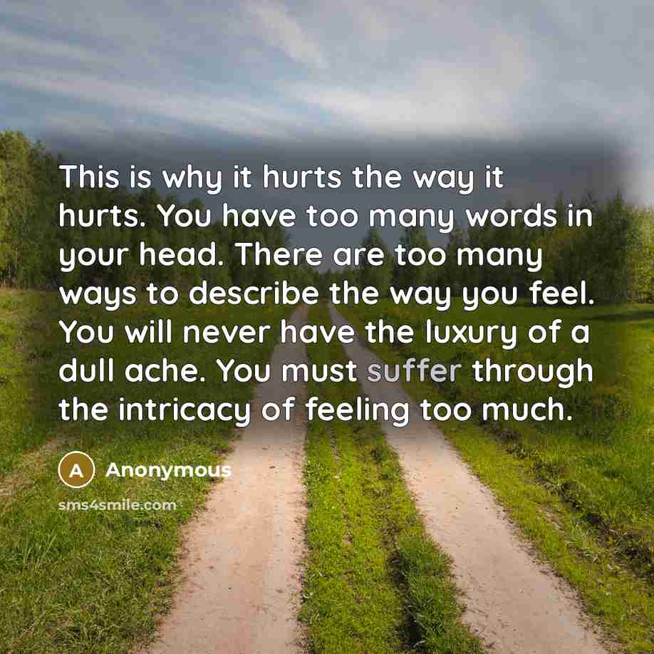 “This is why it hurts the way it hurts. You have too many words in your head. There are too many ways to describe the way you feel. You will never have the luxury of a dull ache. You must suffer through the intricacy of feeling too much.” quote by Anonymous