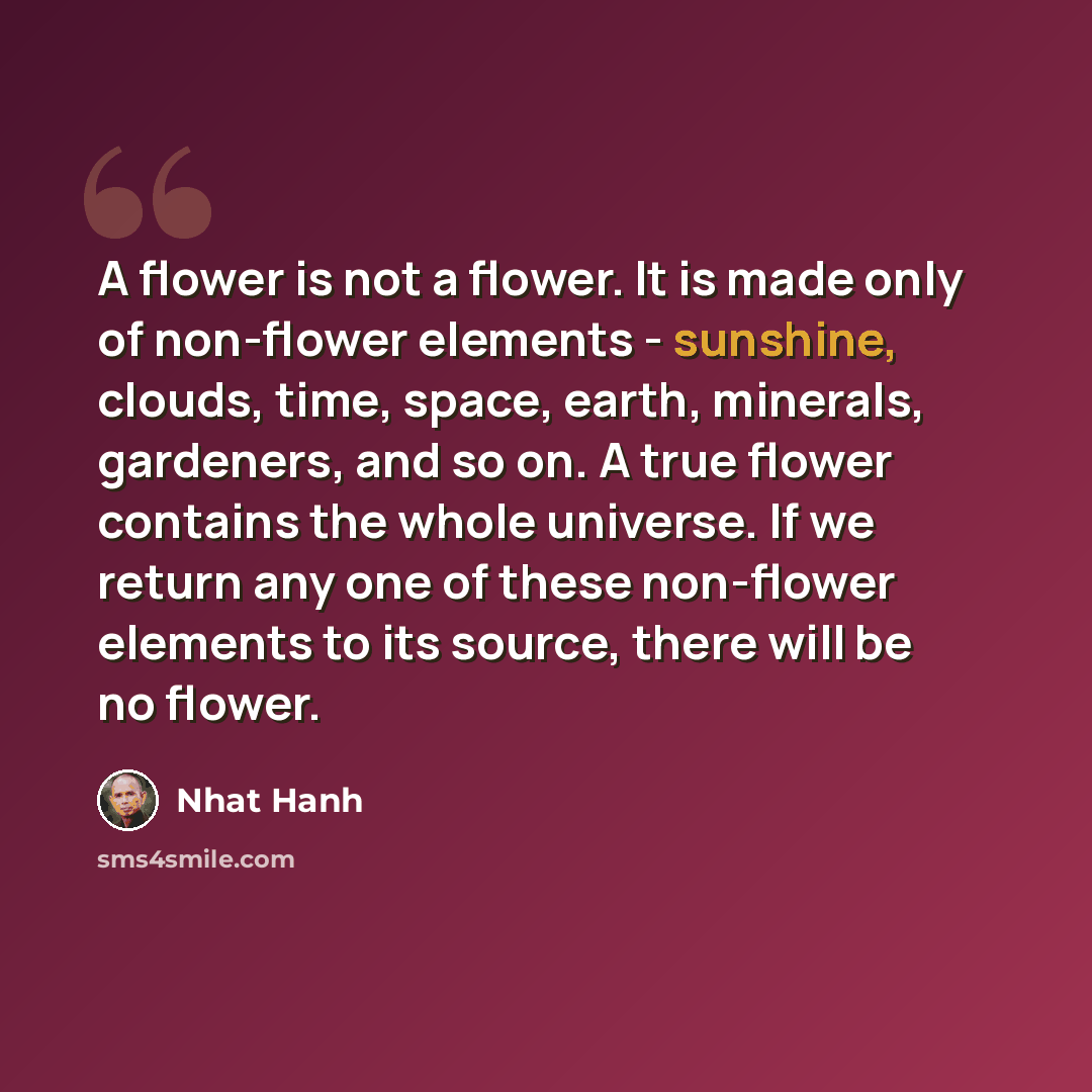“A flower is not a flower. It is made only of non-flower elements - sunshine, clouds, time, space, earth, minerals, gardeners, and so on. A true flower contains the whole universe. If we return any one of these non-flower elements to its source, there will be no flower.” quote by Nhat Hanh