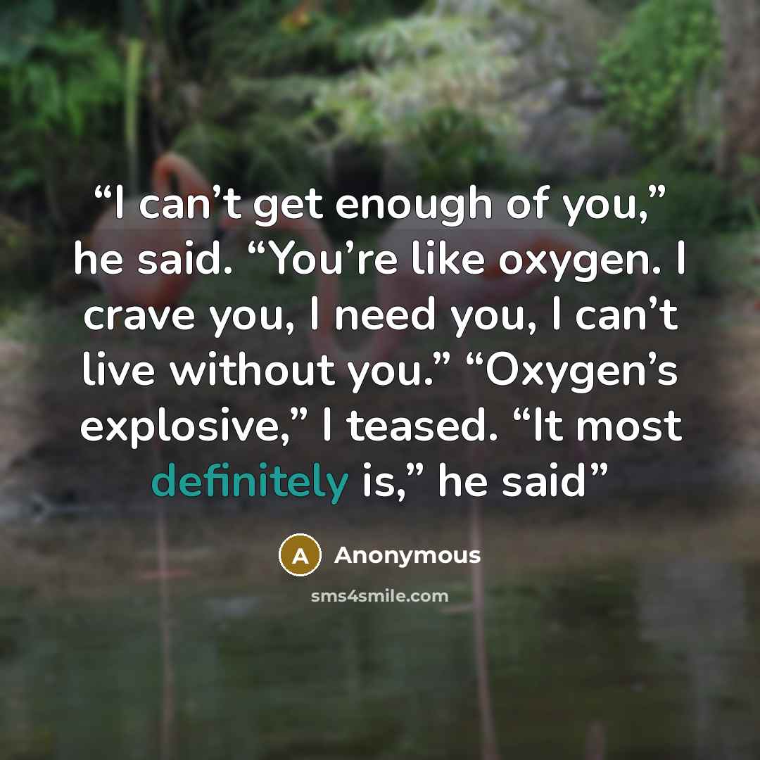 “I can’t get enough of you,” he said. “You’re like oxygen. I crave you, I need you, I can’t live without you.” “Oxygen’s explosive,” I teased. “It most definitely is,” he said” quote by Anonymous