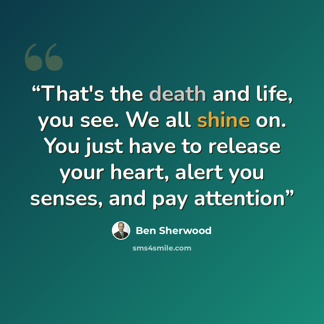 “That's the death and life, you see. We all shine on. You just have to release your heart, alert you senses, and pay attention” quote by Ben Sherwood