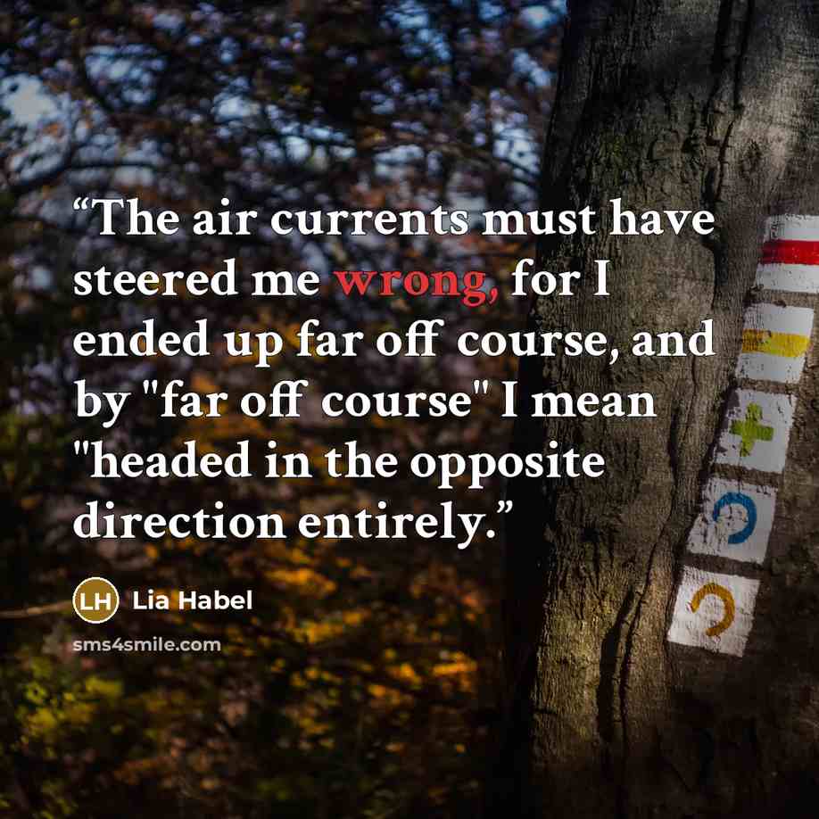 “The air currents must have steered me wrong, for I ended up far off course, and by "far off course" I mean "headed in the opposite direction entirely.” quote by Lia Habel