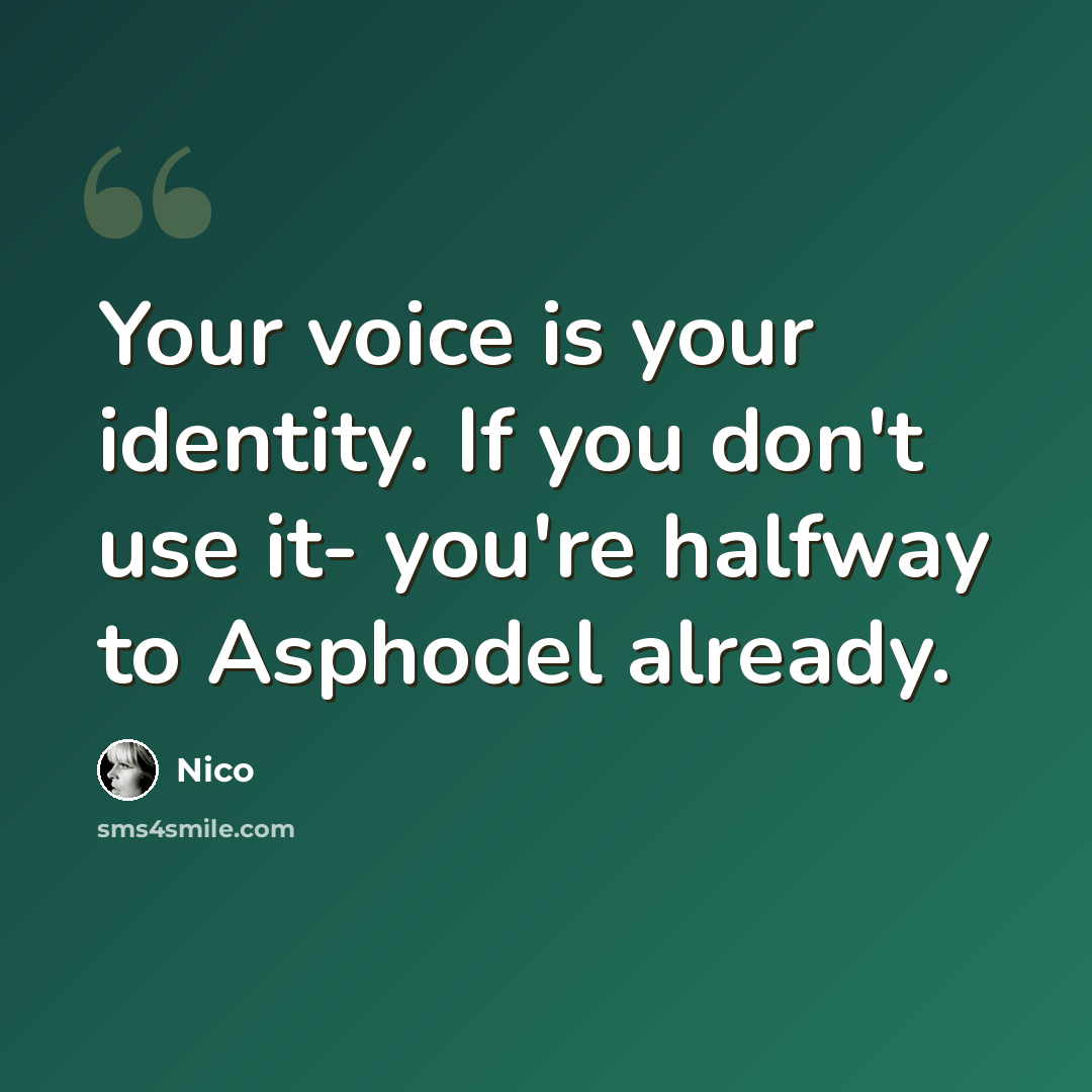 “Your voice is your identity. If you don't use it- you're halfway to Asphodel already.” quote by Nico