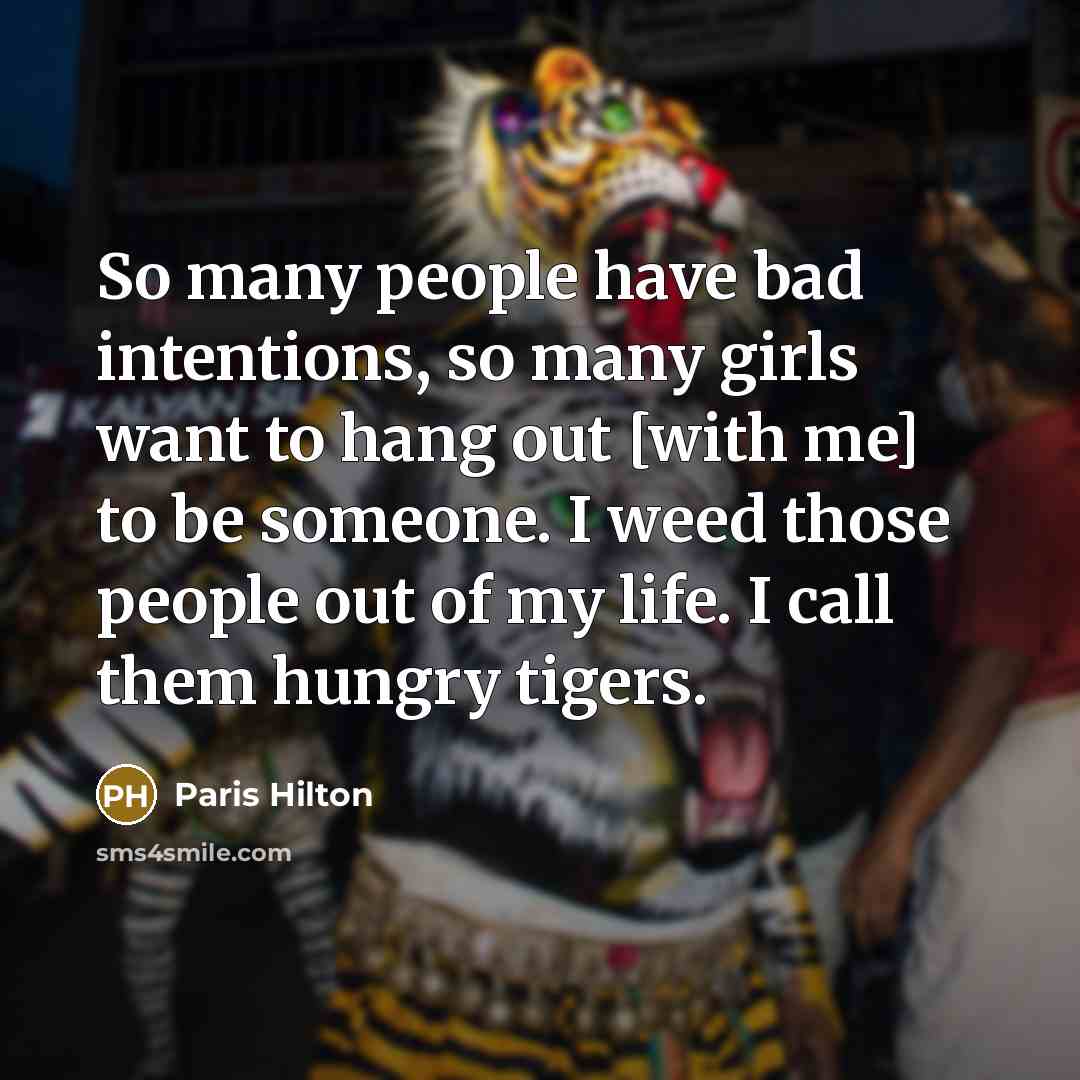 “So many people have bad intentions, so many girls want to hang out [with me] to be someone. I weed those people out of my life. I call them hungry tigers.” quote by Paris Hilton