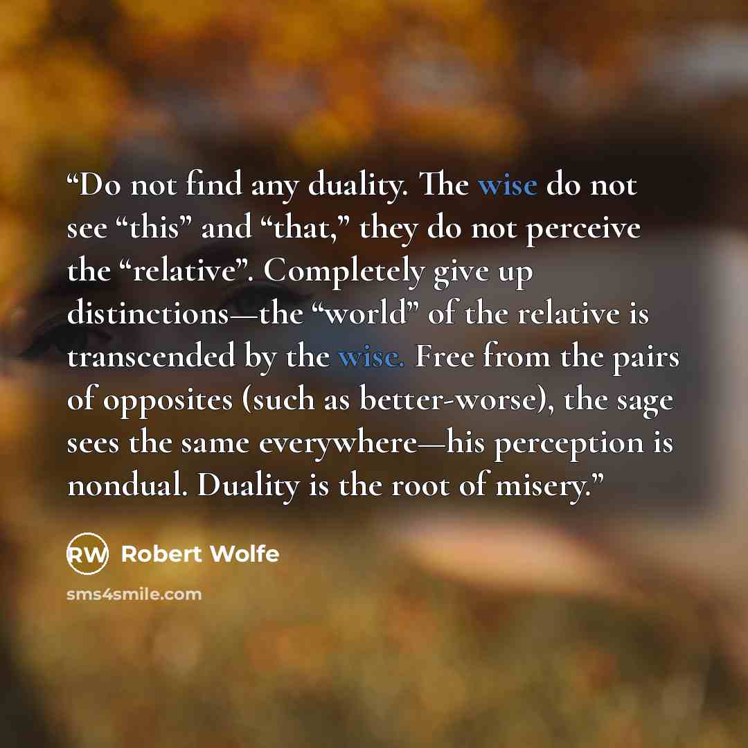 “Do not find any duality. The wise do not see “this” and “that,” they do not perceive the “relative”. Completely give up distinctions—the “world” of the relative is transcended by the wise. Free from the pairs of opposites (such as better-worse), the sage sees the same everywhere—his perception is…” quote by Robert Wolfe