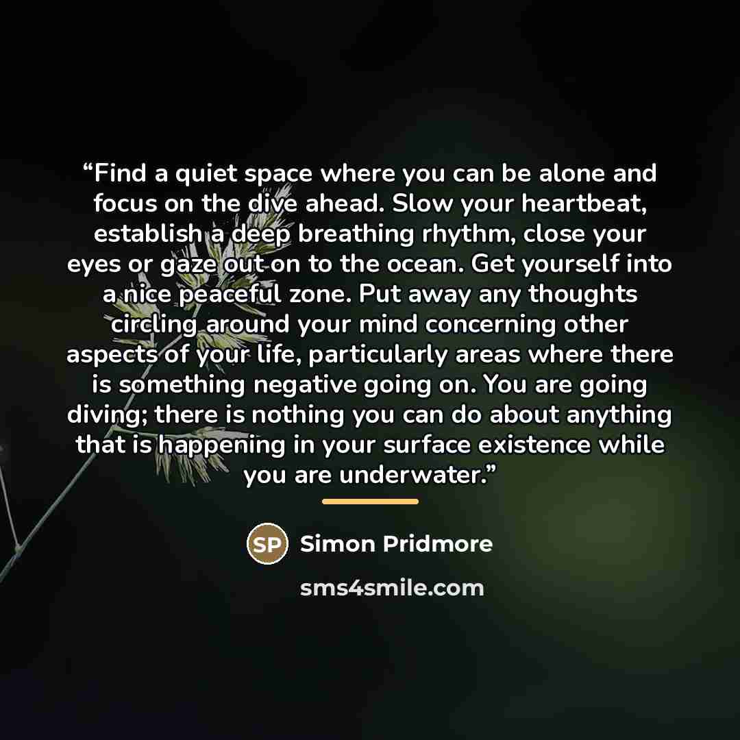 “Find a quiet space where you can be alone and focus on the dive ahead. Slow your heartbeat, establish a deep breathing rhythm, close your eyes or gaze out on to the ocean. Get yourself into a nice peaceful zone. Put away any thoughts circling around your mind concerning other aspects of your life…” quote by Simon Pridmore