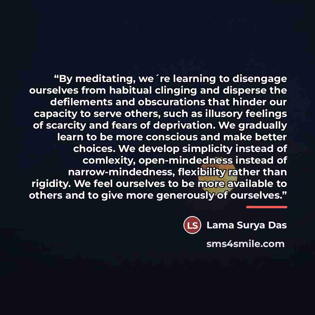 “By meditating, we´re learning to disengage ourselves from habitual clinging and disperse the defilements and obscurations that hinder our capacity to serve others, such as illusory feelings of scarcity and fears of deprivation. We gradually learn to be more conscious and make better choices. We…” quote by Lama Surya Das