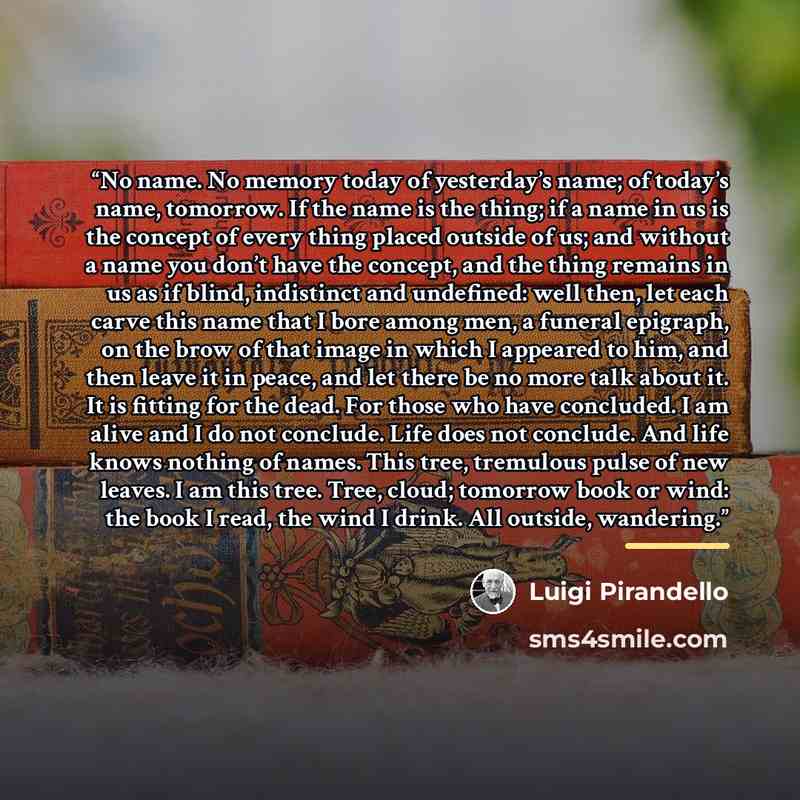 “No name. No memory today of yesterday’s name; of today’s name, tomorrow. If the name is the thing; if a name in us is the concept of every thing placed outside of us; and without a name you don’t have the concept, and the thing remains in us as if blind, indistinct and undefined: well then, let…” quote by Luigi Pirandello