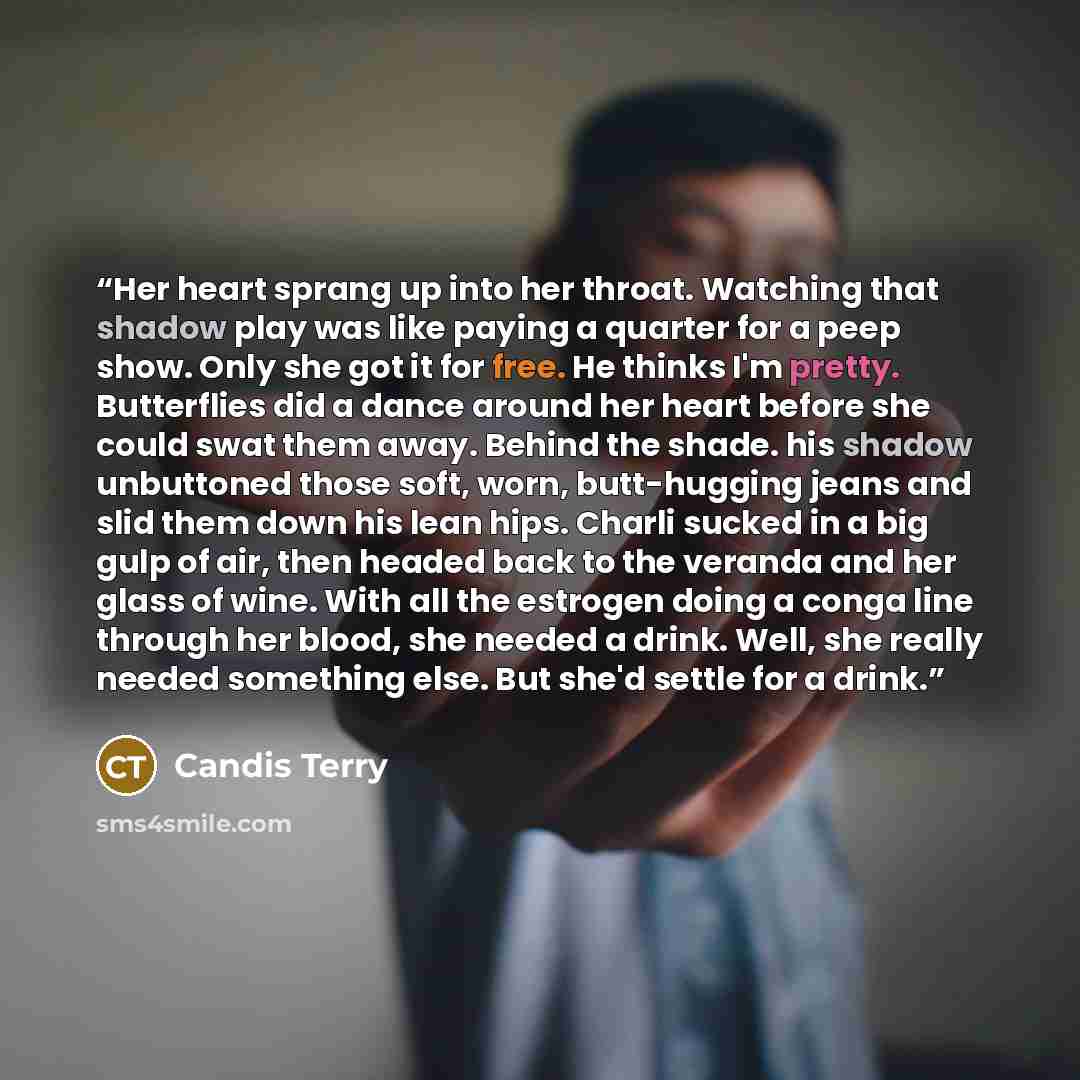 “Her heart sprang up into her throat. Watching that shadow play was like paying a quarter for a peep show. Only she got it for free. He thinks I'm pretty. Butterflies did a dance around her heart before she could swat them away. Behind the shade. his shadow unbuttoned those soft, worn, butt-hugging…” quote by Candis Terry