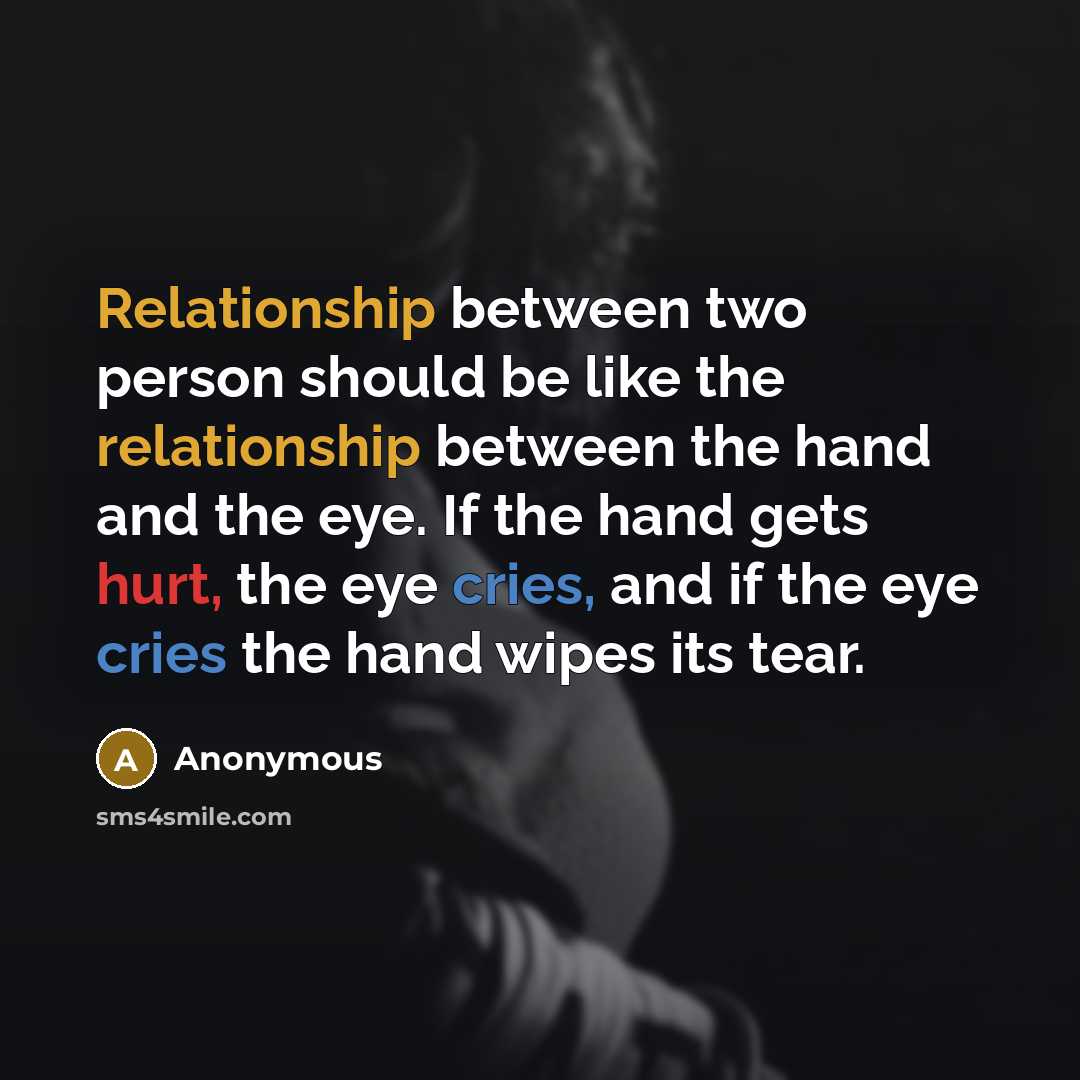 “Relationship between two person should be like the relationship between the hand and the eye. If the hand gets hurt, the eye cries, and if the eye cries the hand wipes its tear.” quote by Anonymous