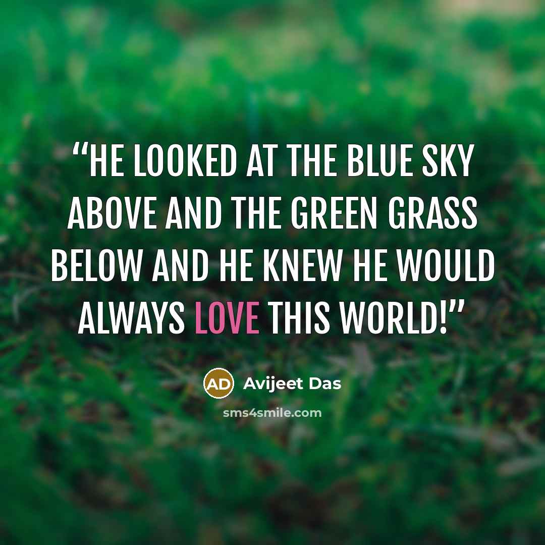 “He looked at the blue sky above and the green grass below and he knew he would always love this world!” quote by Avijeet Das