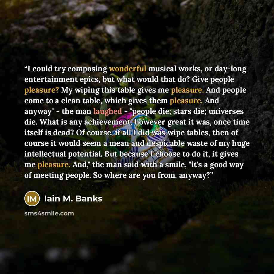 “I could try composing wonderful musical works, or day-long entertainment epics, but what would that do? Give people pleasure? My wiping this table gives me pleasure. And people come to a clean table, which gives them pleasure. And anyway" - the man laughed - "people die; stars die; universes die…” quote by Iain M. Banks
