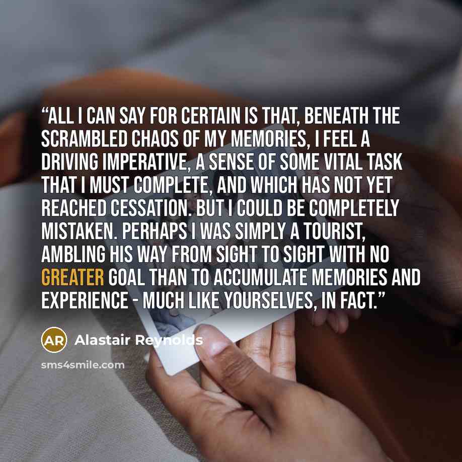 “All I can say for certain is that, beneath the scrambled chaos of my memories, I feel a driving imperative, a sense of some vital task that I must complete, and which has not yet reached cessation. But I could be completely mistaken. Perhaps I was simply a tourist, ambling his way from sight to…” quote by Alastair Reynolds
