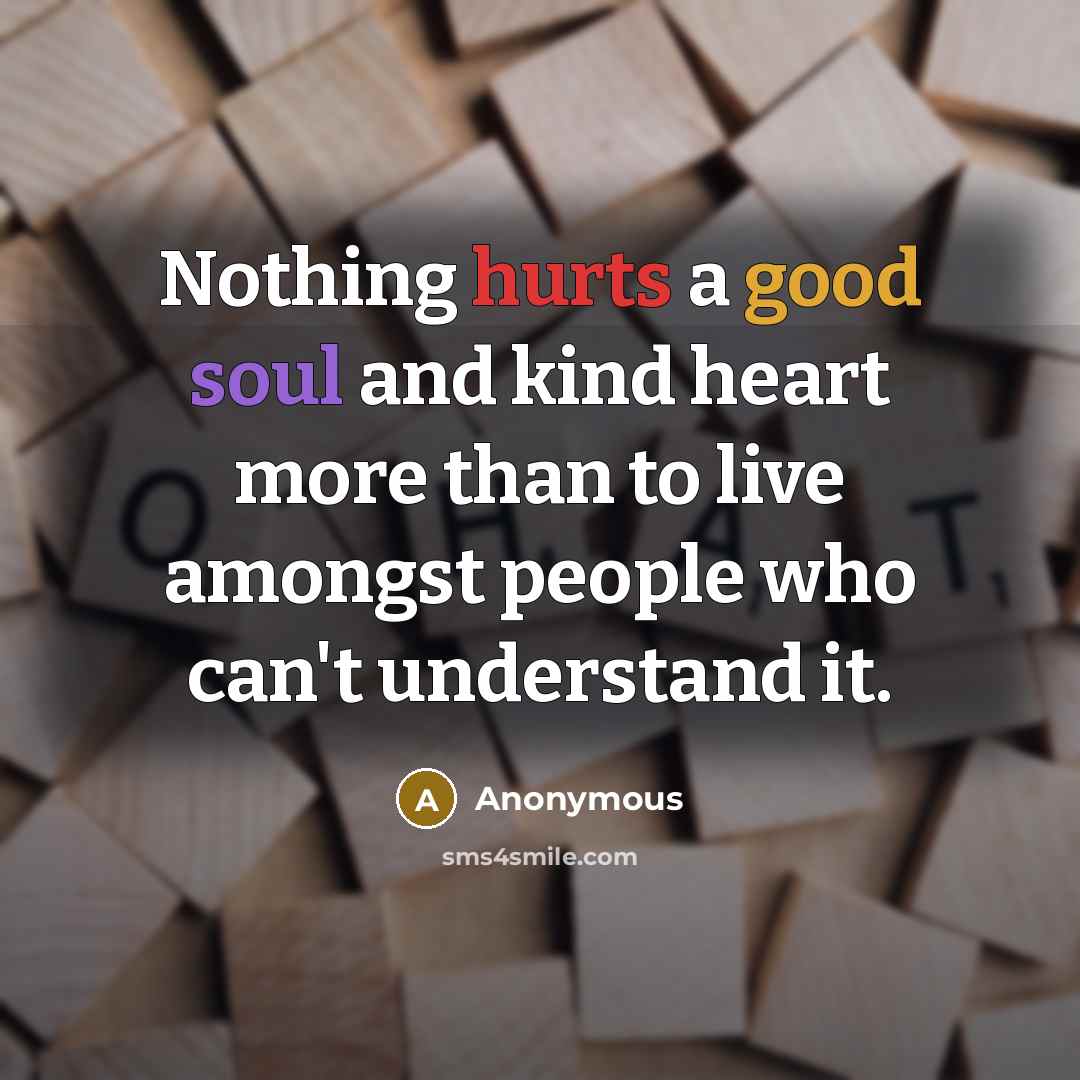 “Nothing hurts a good soul and kind heart more than to live amongst people who can't understand it.” quote by Anonymous