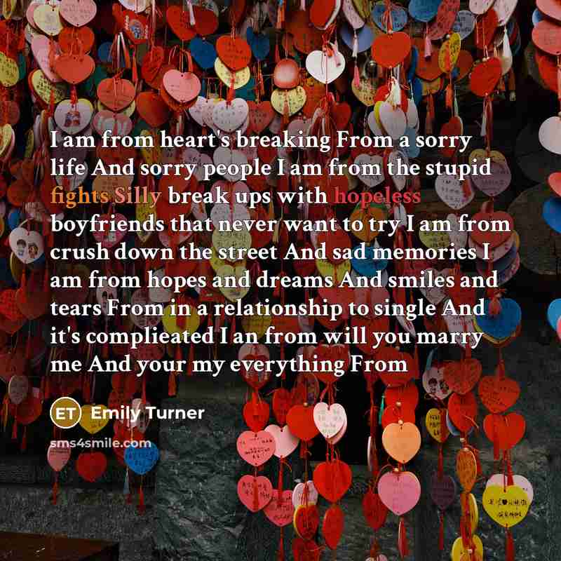 “I am from heart's breaking From a sorry life And sorry people I am from the stupid fights Silly break ups with hopeless boyfriends that never want to try I am from crush down the street And sad memories I am from hopes and dreams And smiles and tears From in a relationship to single And it's…” quote by Emily Turner