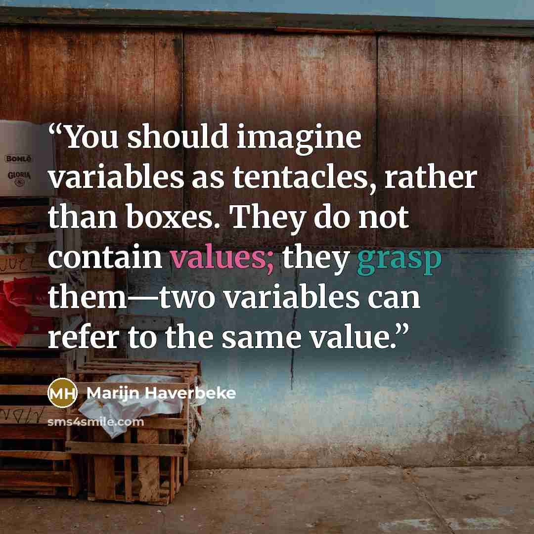 “You should imagine variables as tentacles, rather than boxes. They do not contain values; they grasp them—two variables can refer to the same value.” quote by Marijn Haverbeke