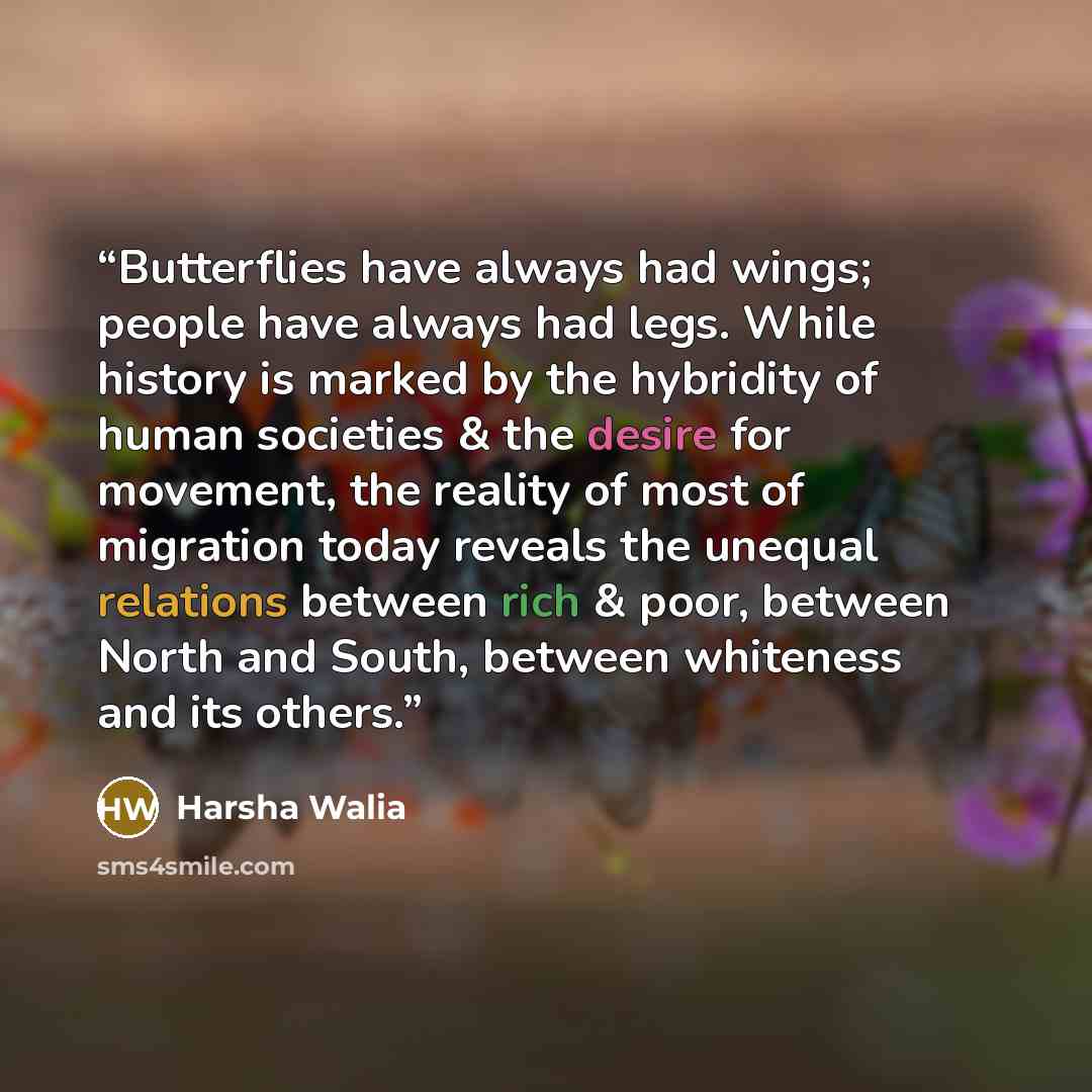“Butterflies have always had wings; people have always had legs. While history is marked by the hybridity of human societies & the desire for movement, the reality of most of migration today reveals the unequal relations between rich & poor, between North and South, between whiteness and its others.” quote by Harsha Walia