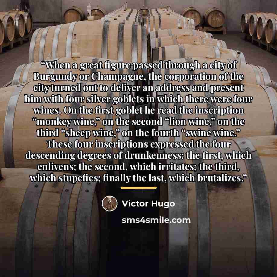 “When a great figure passed through a city of Burgundy or Champagne, the corporation of the city turned out to deliver an address and present him with four silver goblets in which there were four wines. On the first goblet he read the inscription “monkey wine,” on the second “lion wine,” on the…” quote by Victor Hugo