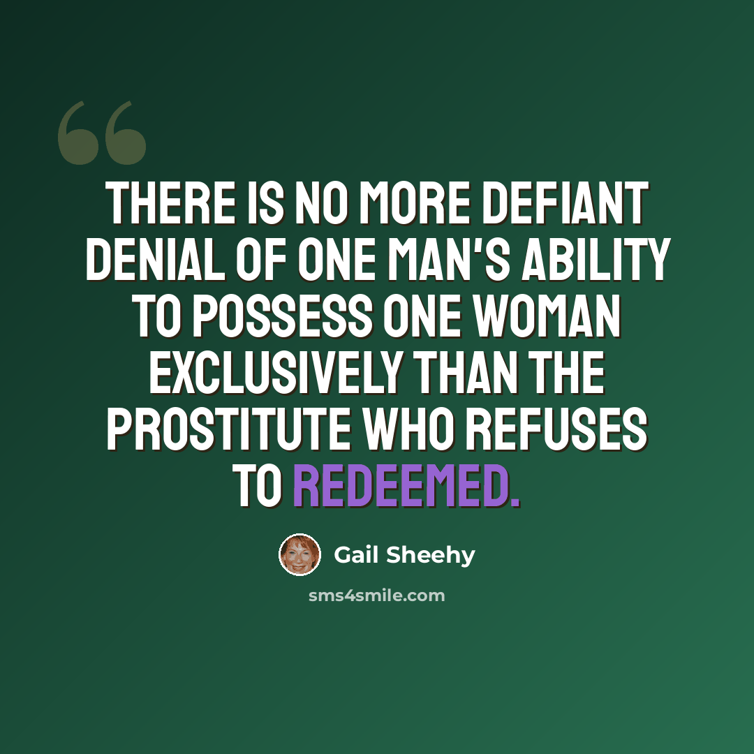 “There is no more defiant denial of one man's ability to possess one woman exclusively than the prostitute who refuses to redeemed.” quote by Gail Sheehy