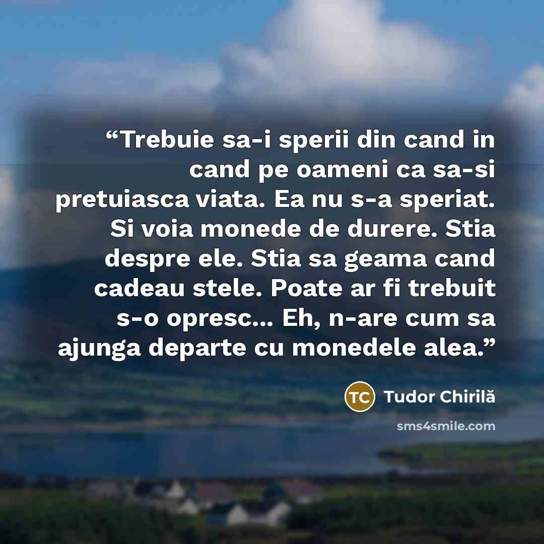 “Trebuie sa-i sperii din cand in cand pe oameni ca sa-si pretuiasca viata. Ea nu s-a speriat. Si voia monede de durere. Stia despre ele. Stia sa geama cand cadeau stele. Poate ar fi trebuit s-o opresc... Eh, n-are cum sa ajunga departe cu monedele alea.” quote by Tudor Chirilă