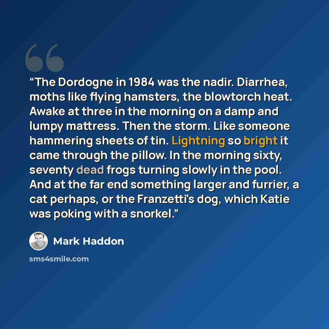 “The Dordogne in 1984 was the nadir. Diarrhea, moths like flying hamsters, the blowtorch heat. Awake at three in the morning on a damp and lumpy mattress. Then the storm. Like someone hammering sheets of tin. Lightning so bright it came through the pillow. In the morning sixty, seventy dead frogs…” quote by Mark Haddon