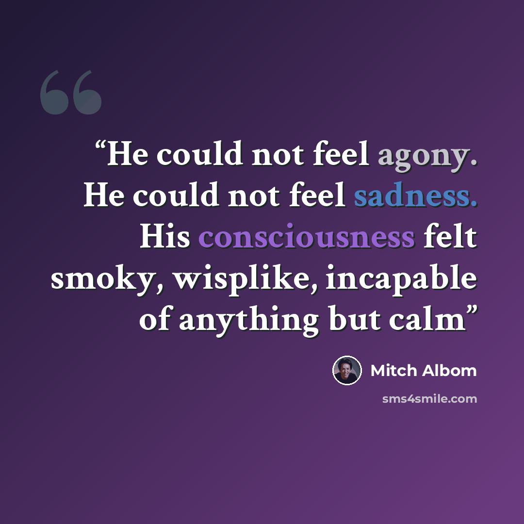 “He could not feel agony. He could not feel sadness. His consciousness felt smoky, wisplike, incapable of anything but calm” quote by Mitch Albom