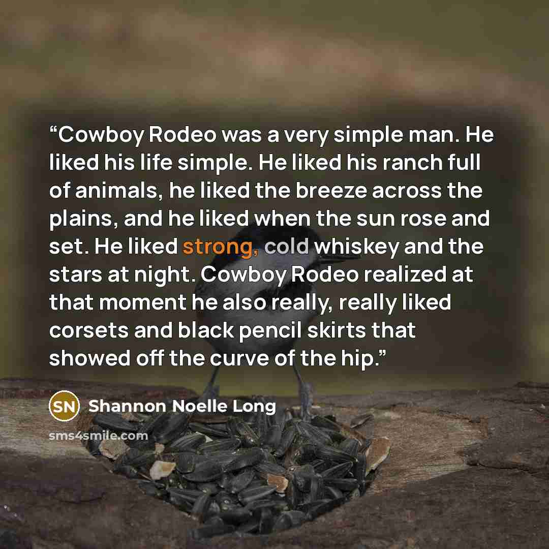 “Cowboy Rodeo was a very simple man. He liked his life simple. He liked his ranch full of animals, he liked the breeze across the plains, and he liked when the sun rose and set. He liked strong, cold whiskey and the stars at night. Cowboy Rodeo realized at that moment he also really, really liked…” quote by Shannon Noelle Long
