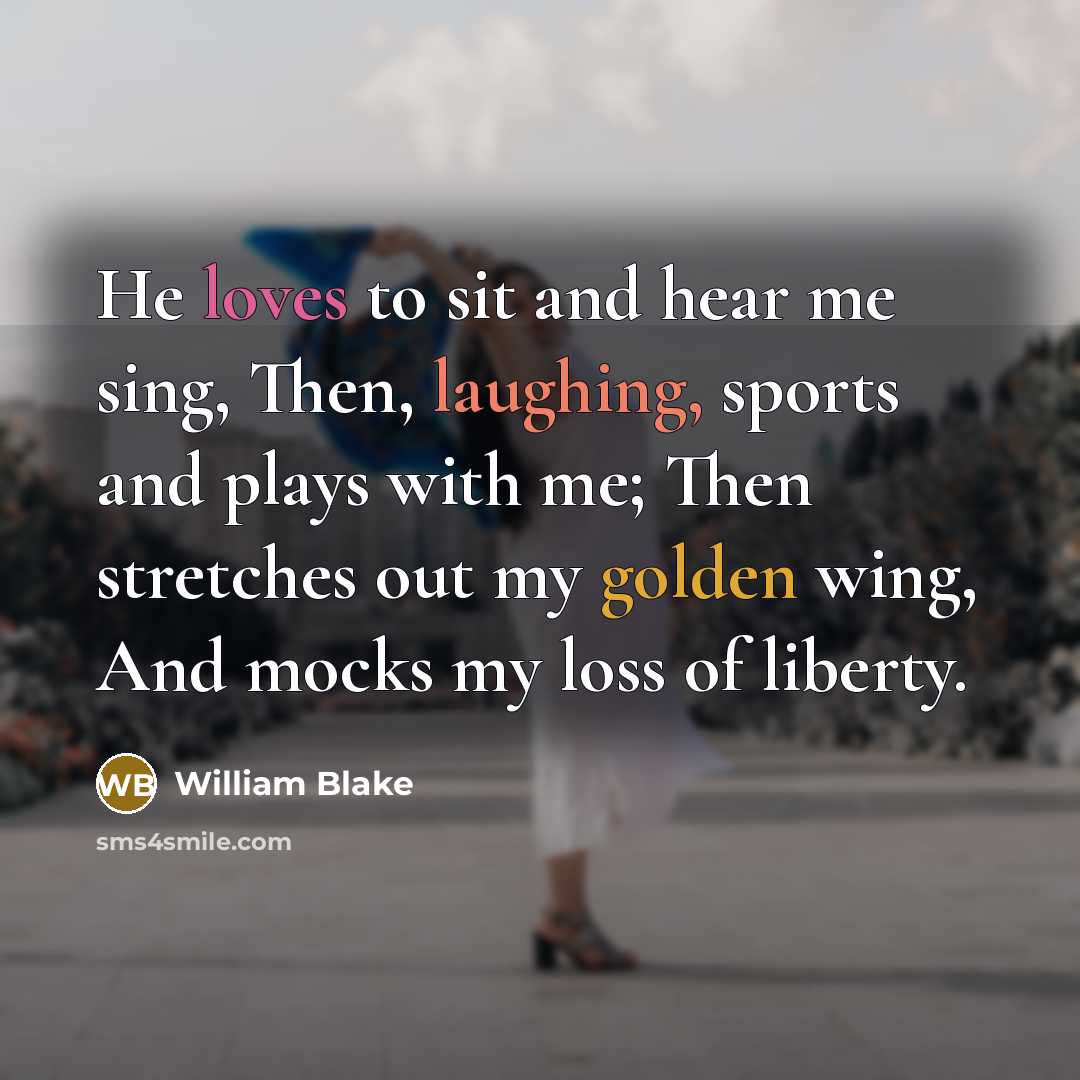 “He loves to sit and hear me sing, Then, laughing, sports and plays with me; Then stretches out my golden wing, And mocks my loss of liberty.” quote by William Blake
