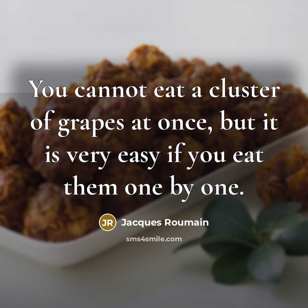 “You cannot eat a cluster of grapes at once, but it is very easy if you eat them one by one.” quote by Jacques Roumain