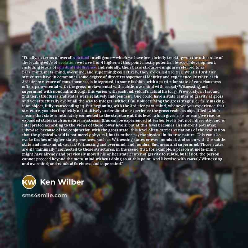 “Finally, in terms of overall spiritual intelligence—which we have been briefly tracking—on the other side of the leading edge of evolution we have 3 or 4 higher, at this point mostly potential, levels of development, including levels of spiritual intelligence. Individually, their basic…” quote by Ken Wilber