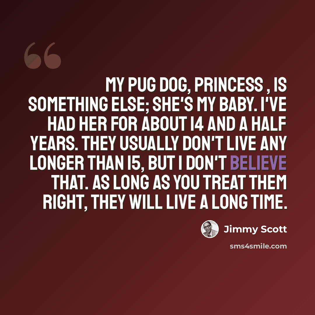 “My pug dog, Princess , is something else; she's my baby. I've had her for about 14 and a half years. They usually don't live any longer than 15, but I don't believe that. As long as you treat them right, they will live a long time.” quote by Jimmy Scott