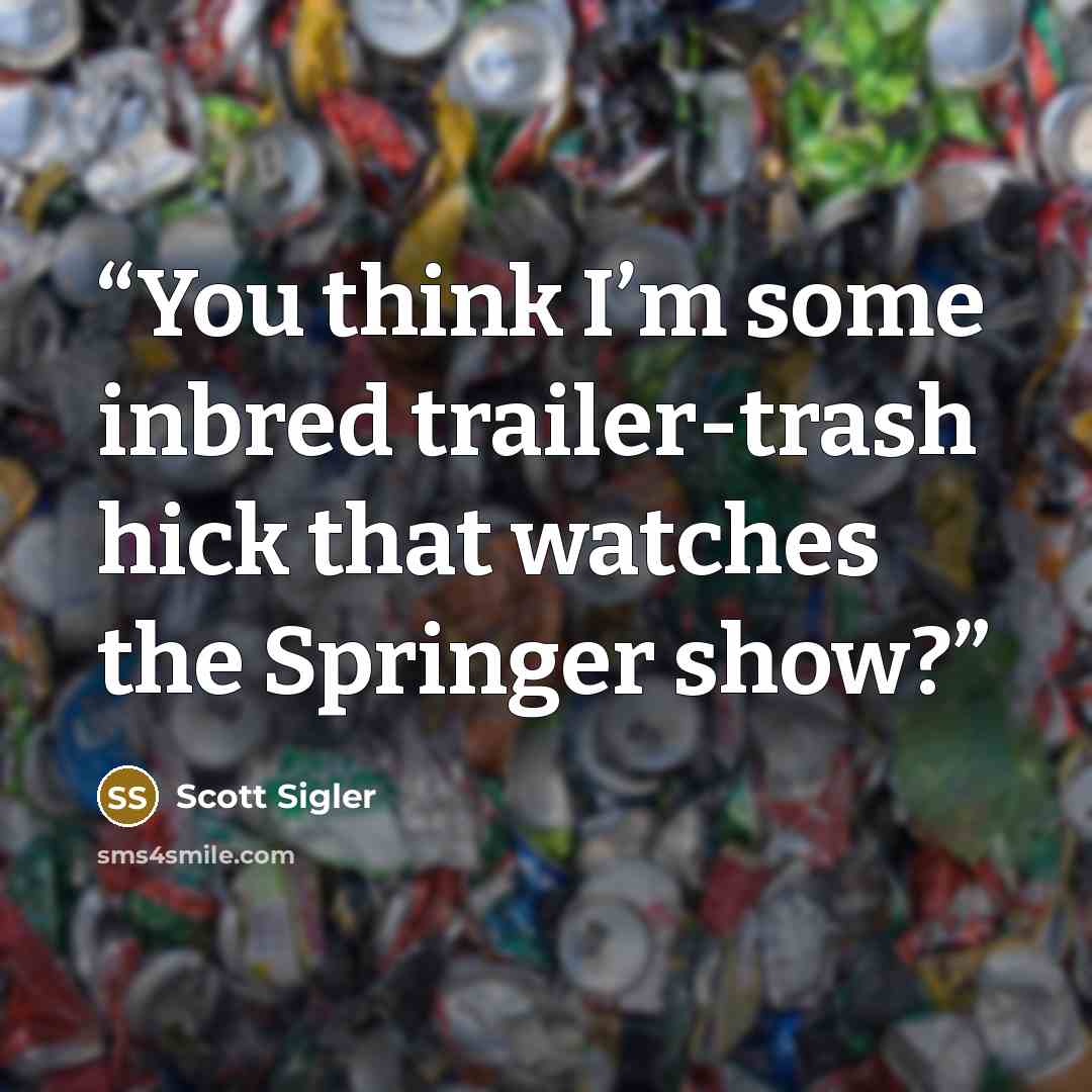 “You think I’m some inbred trailer-trash hick that watches the Springer show?” quote by Scott Sigler