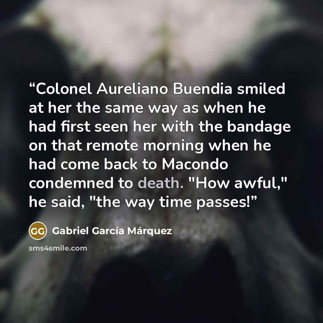 “Colonel Aureliano Buendia smiled at her the same way as when he had first seen her with the bandage on that remote morning when he had come back to Macondo condemned to death. "How awful," he said, "the way time passes!” quote by Gabriel García Márquez