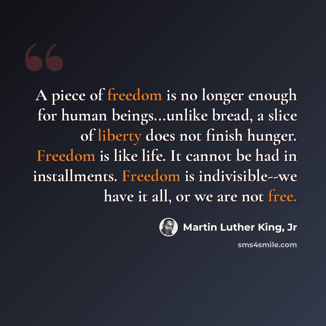 “A piece of freedom is no longer enough for human beings...unlike bread, a slice of liberty does not finish hunger. Freedom is like life. It cannot be had in installments. Freedom is indivisible--we have it all, or we are not free.” quote by Martin Luther King, Jr