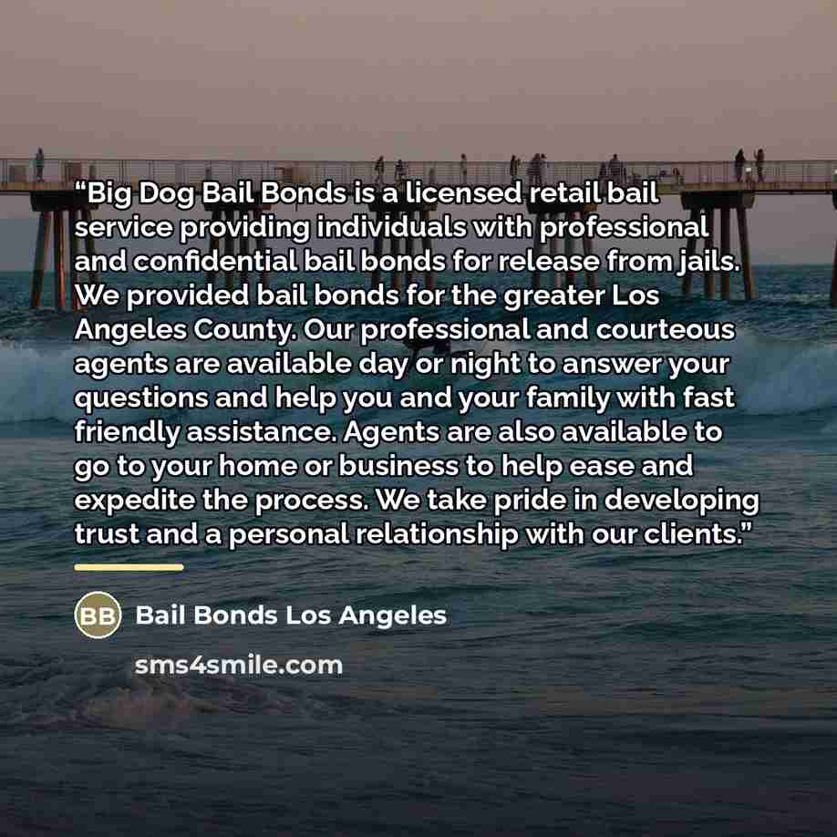 “Big Dog Bail Bonds is a licensed retail bail service providing individuals with professional and confidential bail bonds for release from jails. We provided bail bonds for the greater Los Angeles County. Our professional and courteous agents are available day or night to answer your questions and…” quote by Bail Bonds Los Angeles