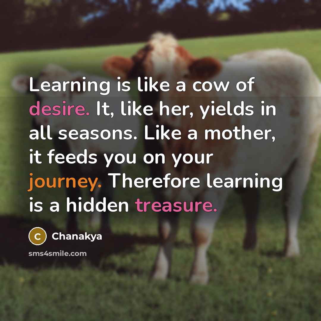 “Learning is like a cow of desire. It, like her, yields in all seasons. Like a mother, it feeds you on your journey. Therefore learning is a hidden treasure.” quote by Chanakya