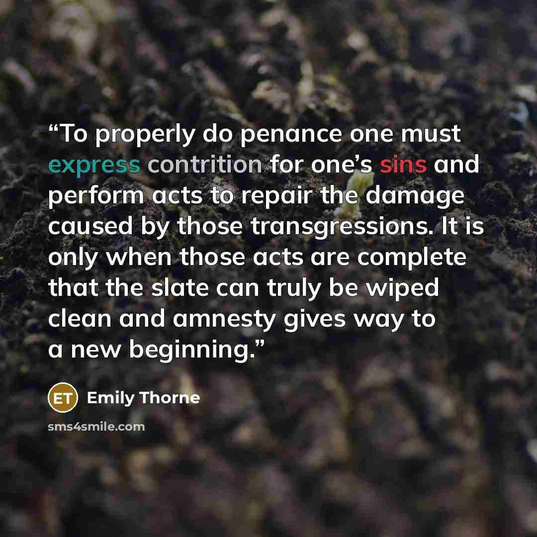 “To properly do penance one must express contrition for one’s sins and perform acts to repair the damage caused by those transgressions. It is only when those acts are complete that the slate can truly be wiped clean and amnesty gives way to a new beginning.” quote by Emily Thorne