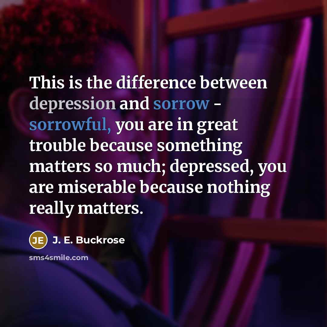 “This is the difference between depression and sorrow - sorrowful, you are in great trouble because something matters so much; depressed, you are miserable because nothing really matters.” quote by J. E. Buckrose