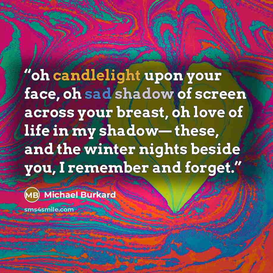 “oh candlelight upon your face, oh sad shadow of screen across your breast, oh love of life in my shadow— these, and the winter nights beside you, I remember and forget.” quote by Michael Burkard