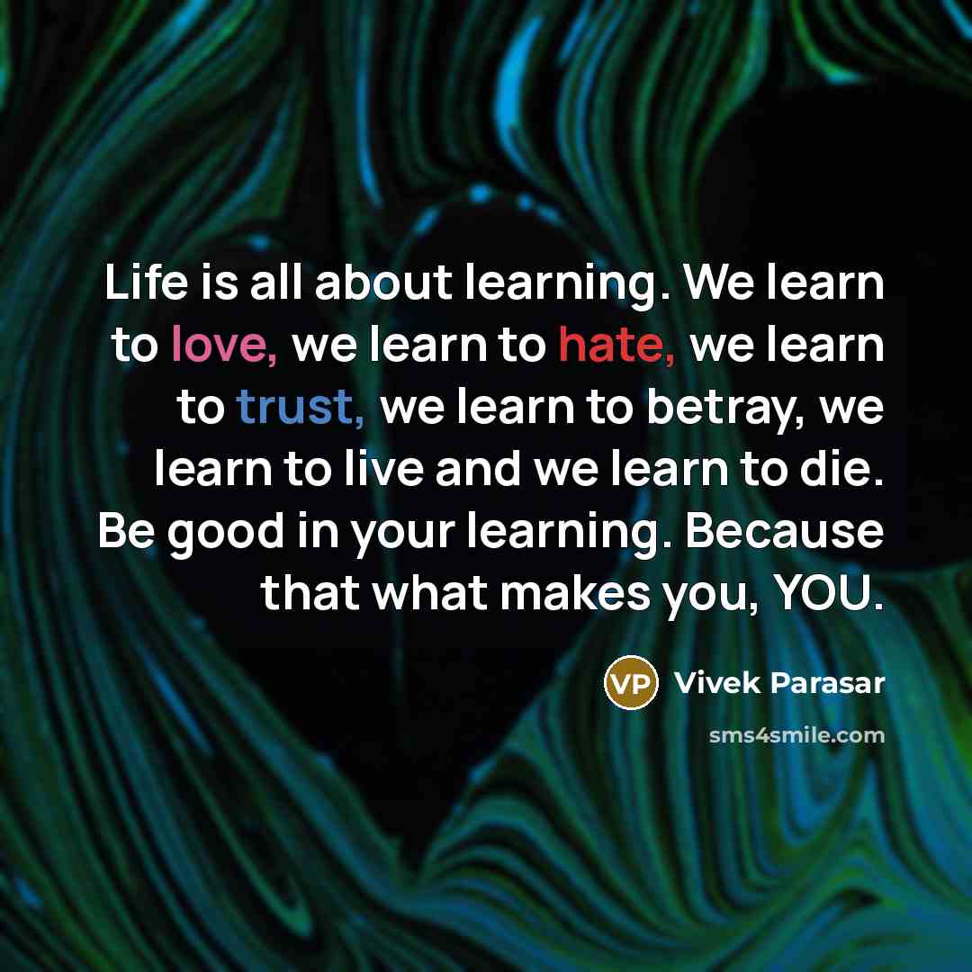 “Life is all about learning. We learn to love, we learn to hate, we learn to trust, we learn to betray, we learn to live and we learn to die. Be good in your learning. Because that what makes you, YOU.” quote by Vivek Parasar