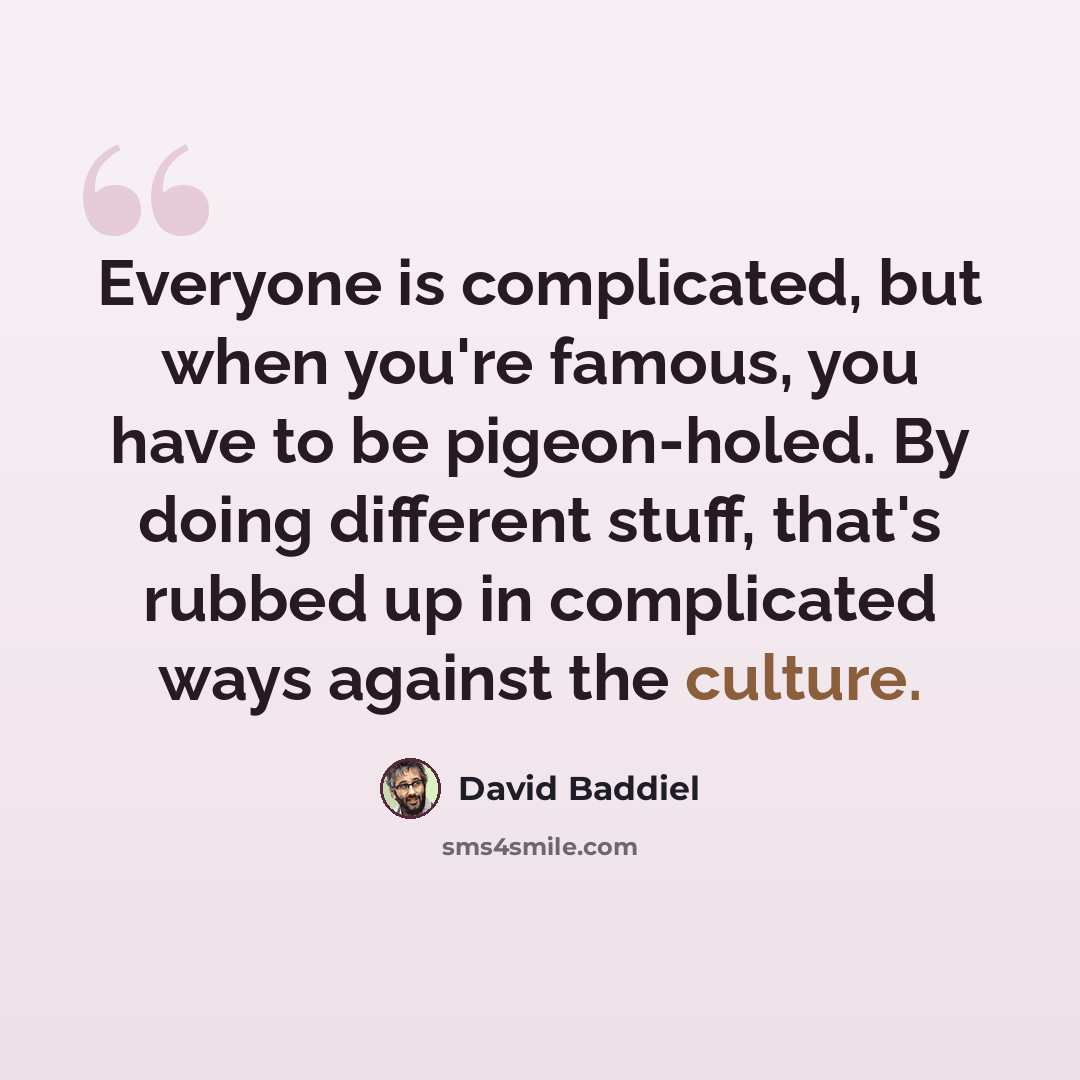 “Everyone is complicated, but when you're famous, you have to be pigeon-holed. By doing different stuff, that's rubbed up in complicated ways against the culture.” quote by David Baddiel