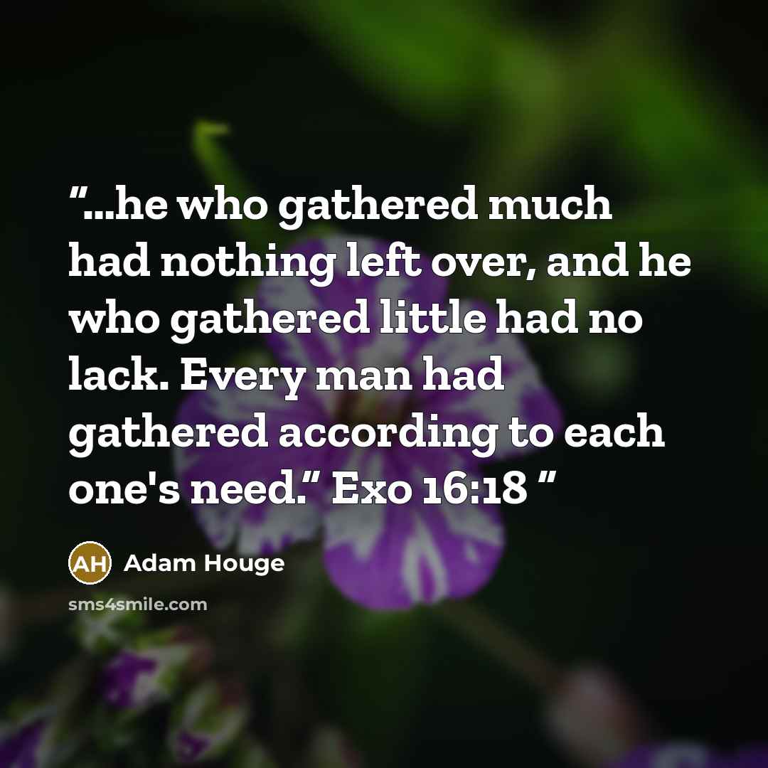 “…he who gathered much had nothing left over, and he who gathered little had no lack. Every man had gathered according to each one's need.” Exo 16:18” quote by Adam Houge