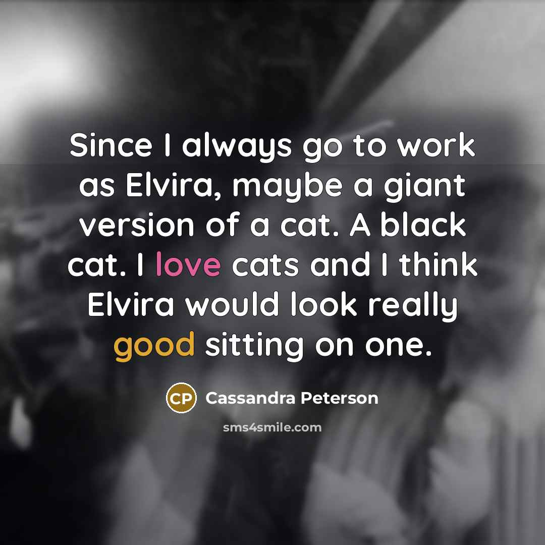 “Since I always go to work as Elvira, maybe a giant version of a cat. A black cat. I love cats and I think Elvira would look really good sitting on one.” quote by Cassandra Peterson