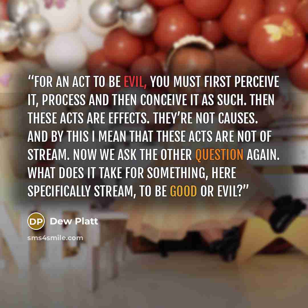 “For an act to be evil, you must first perceive it, process and then conceive it as such. Then these acts are effects. They’re not causes. And by this I mean that these acts are not of Stream. Now we ask the other question again. What does it take for something, here specifically Stream, to be good…” quote by Dew Platt