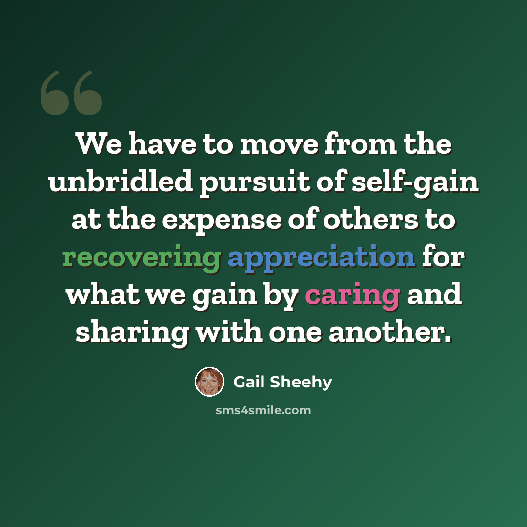 “We have to move from the unbridled pursuit of self-gain at the expense of others to recovering appreciation for what we gain by caring and sharing with one another.” quote by Gail Sheehy