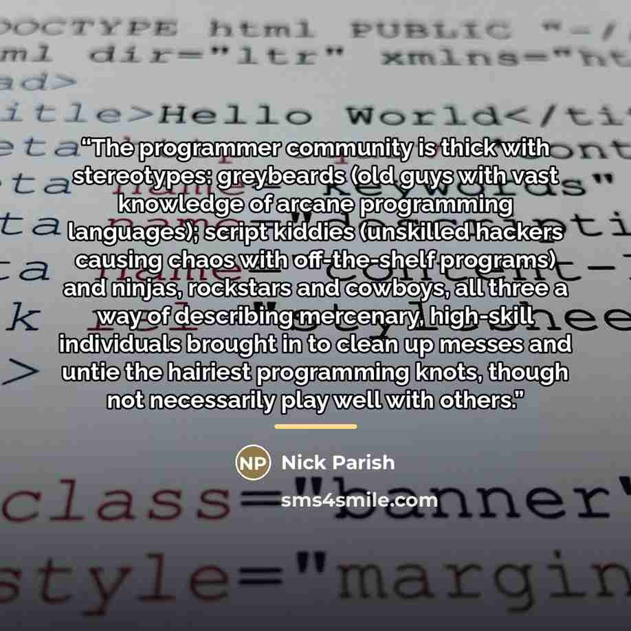 “The programmer community is thick with stereotypes: greybeards (old guys with vast knowledge of arcane programming languages); script kiddies (unskilled hackers causing chaos with off-the-shelf programs) and ninjas, rockstars and cowboys, all three a way of describing mercenary, high-skill…” quote by Nick Parish