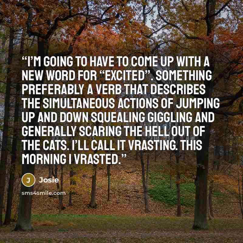 “I’m going to have to come up with a new word for “excited”. Something preferably a verb that describes the simultaneous actions of jumping up and down squealing giggling and generally scaring the hell out of the cats. I’ll call it vrasting. This morning I vrasted.” quote by Josie