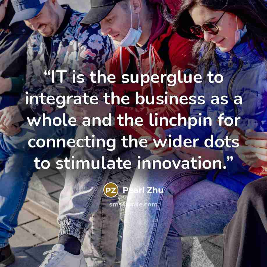 “IT is the superglue to integrate the business as a whole and the linchpin for connecting the wider dots to stimulate innovation.” quote by Pearl Zhu