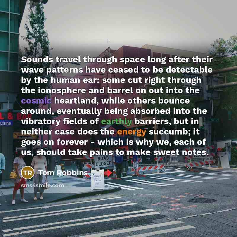 “Sounds travel through space long after their wave patterns have ceased to be detectable by the human ear: some cut right through the ionosphere and barrel on out into the cosmic heartland, while others bounce around, eventually being absorbed into the vibratory fields of earthly barriers, but in…” quote by Tom Robbins