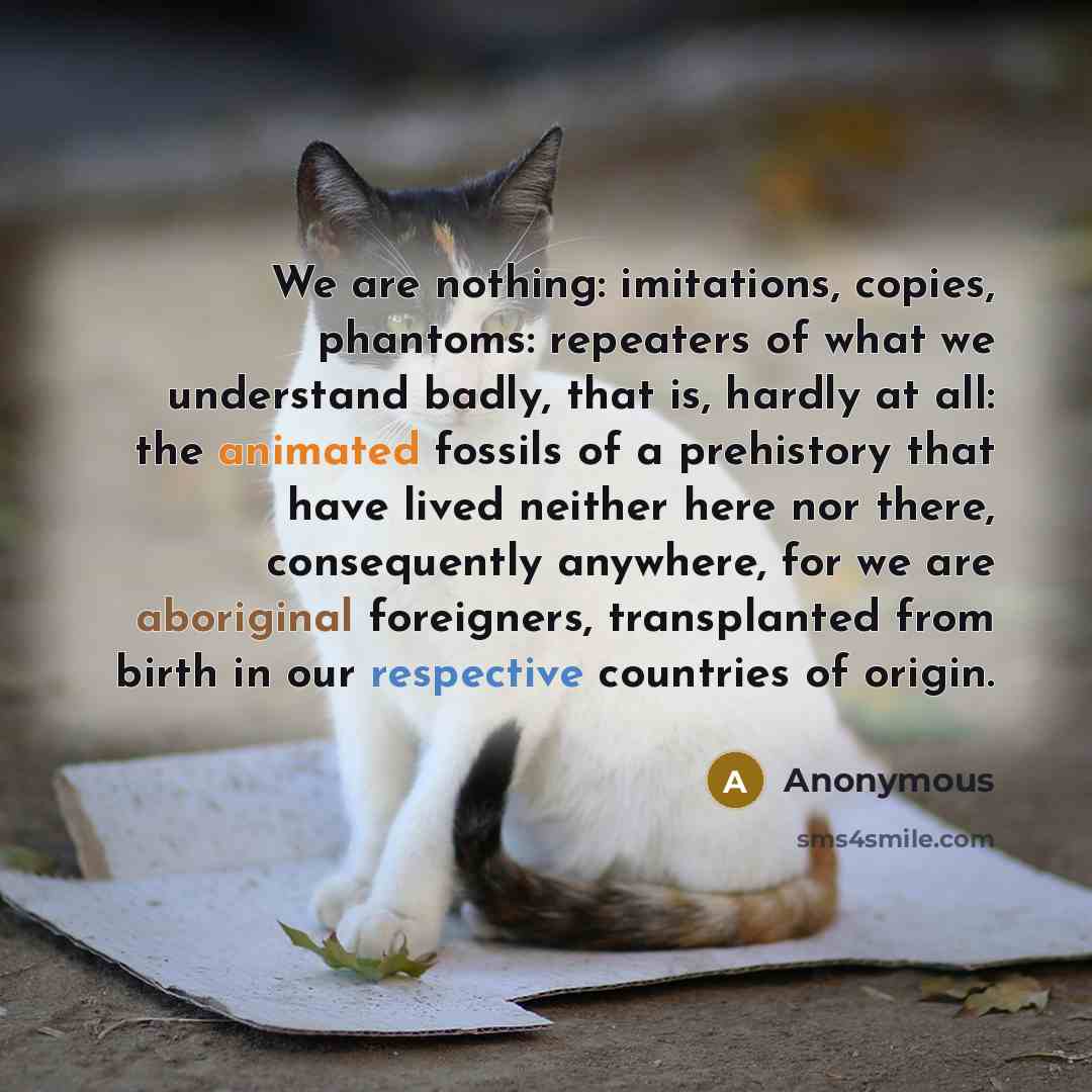 “We are nothing: imitations, copies, phantoms: repeaters of what we understand badly, that is, hardly at all: the animated fossils of a prehistory that have lived neither here nor there, consequently anywhere, for we are aboriginal foreigners, transplanted from birth in our respective countries of…” quote by Anonymous